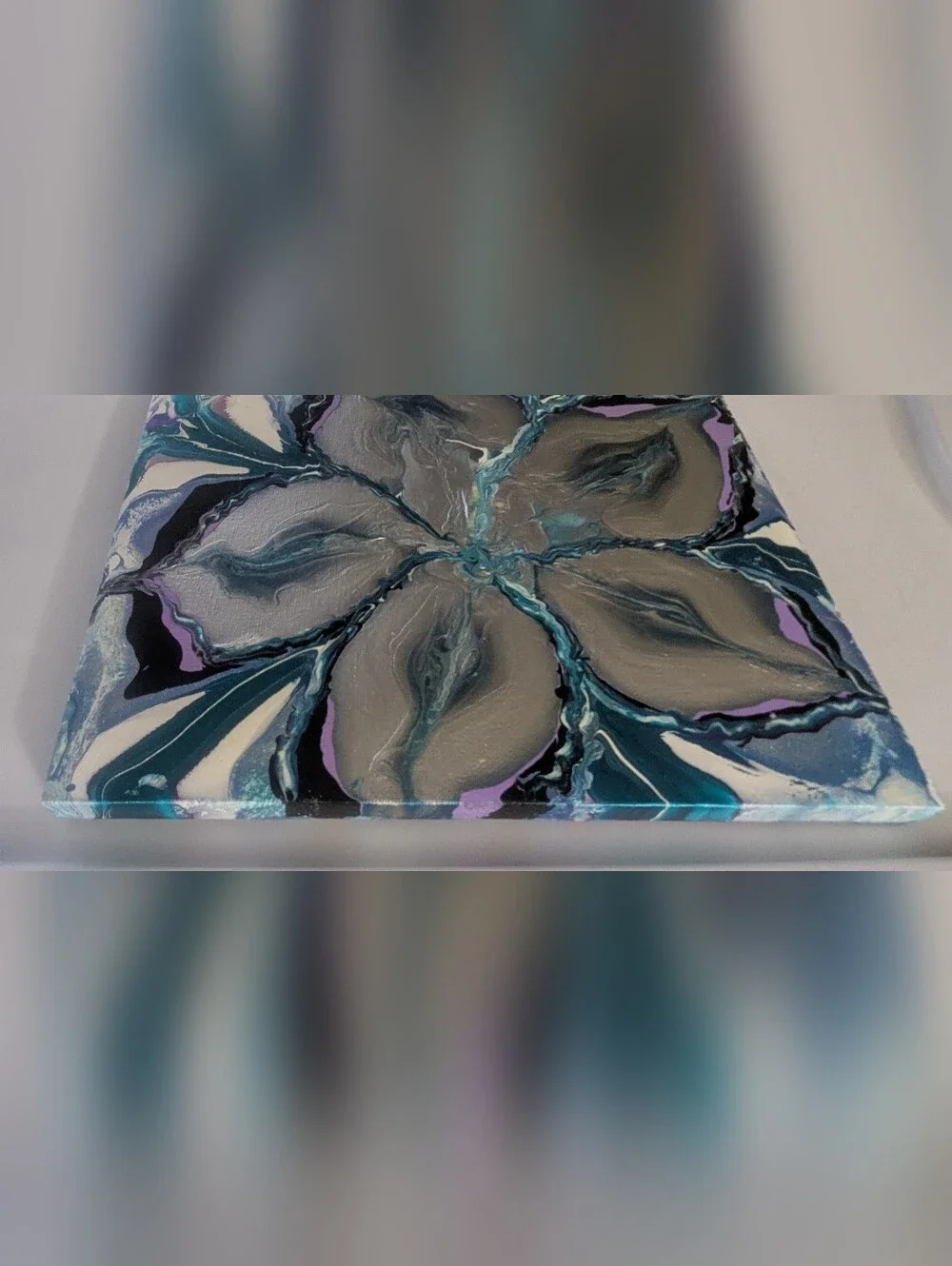 Abstract Fluid Pour Painting Teal Silver Acrylic 8